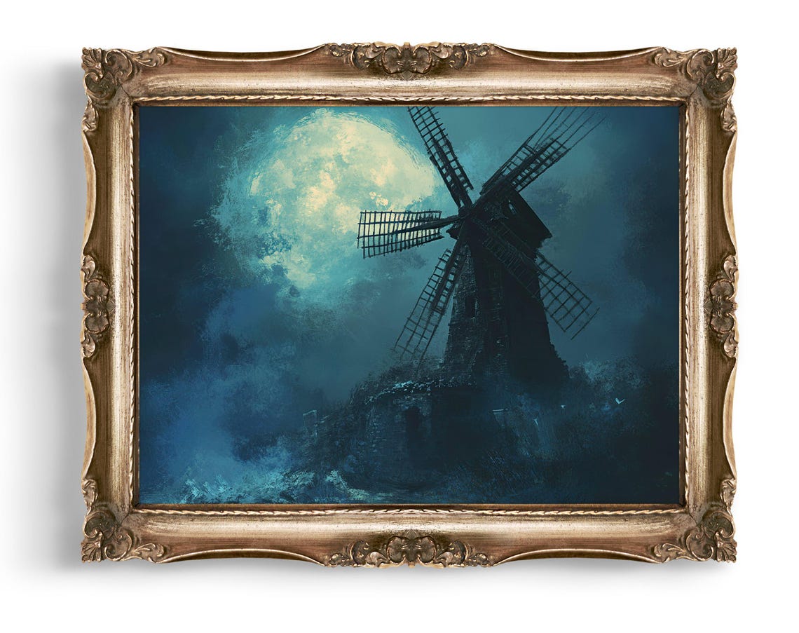 Old Windmill Against Full Moon Gothic Night Landscape Poster