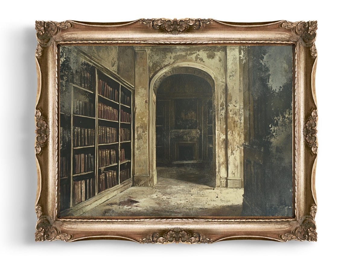 Vintage Library Wall Art Creepy Decor Haunted House Print Dark Academia Gothic Home Bookshelf Painting Spooky Gift