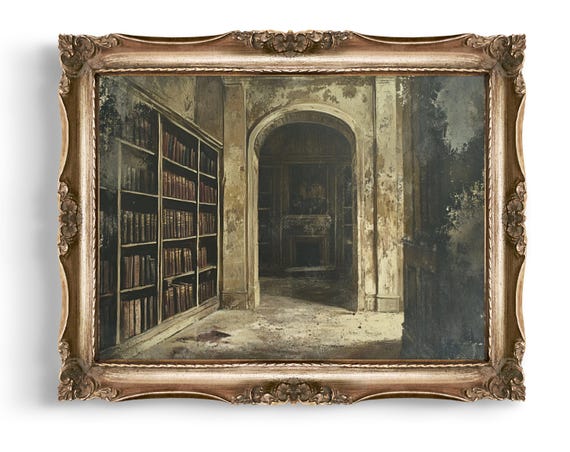 Vintage Library Wall Art Creepy Decor Haunted House Print Dark Academia Gothic Home Bookshelf Painting Spooky Gift