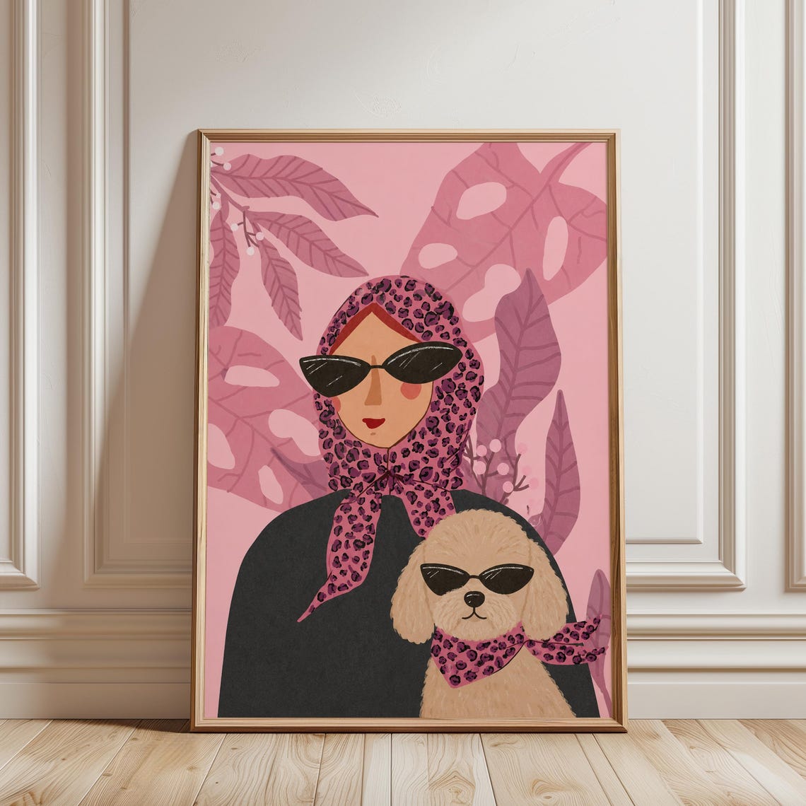 Chic Woman Sunglasses Fluffy Dog Pink Leopard Headscarf Poster