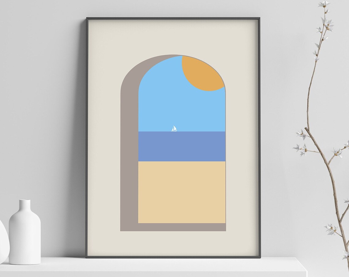 Minimalist Arch Seascape Sailboat Sun Modern Coastal Wall Art - Image 3