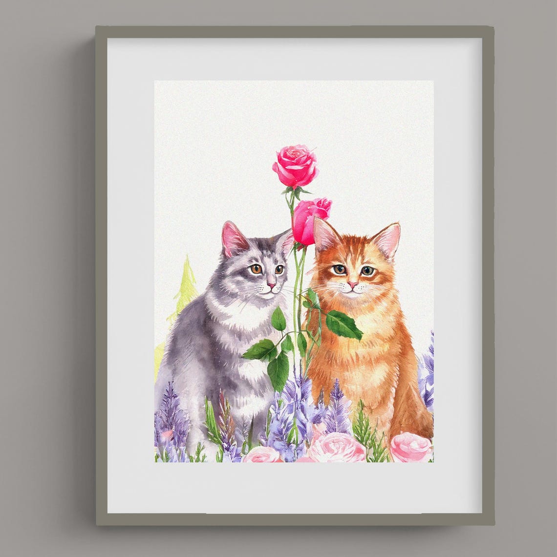 Two Watercolor Kittens with Pink Roses Floral Feline Art Poster - Image 2