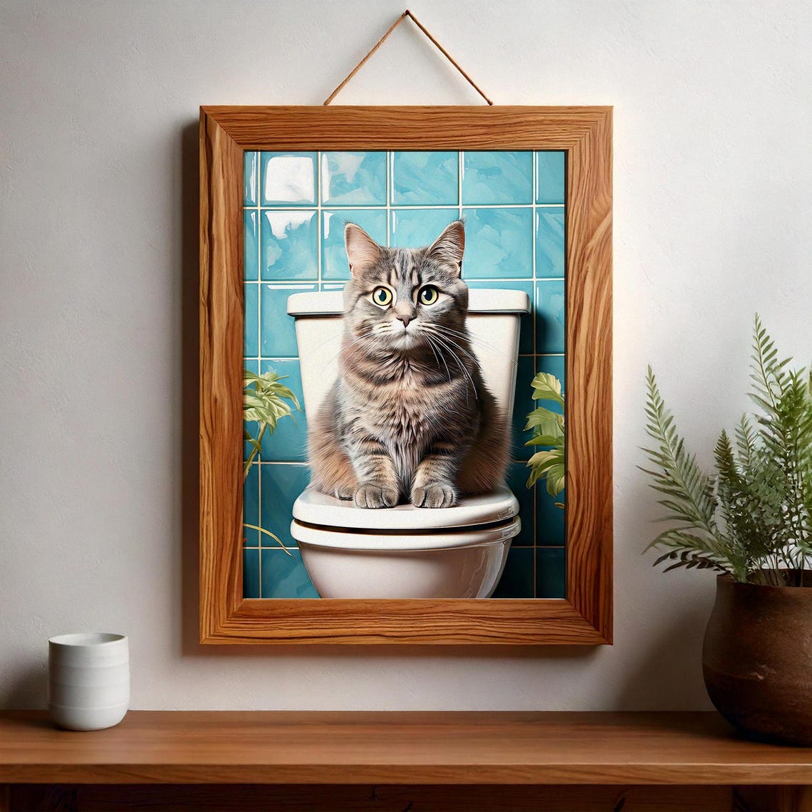 Funny Tabby Cat Sitting on Toilet Retro Bathroom Humor Poster - Image 3
