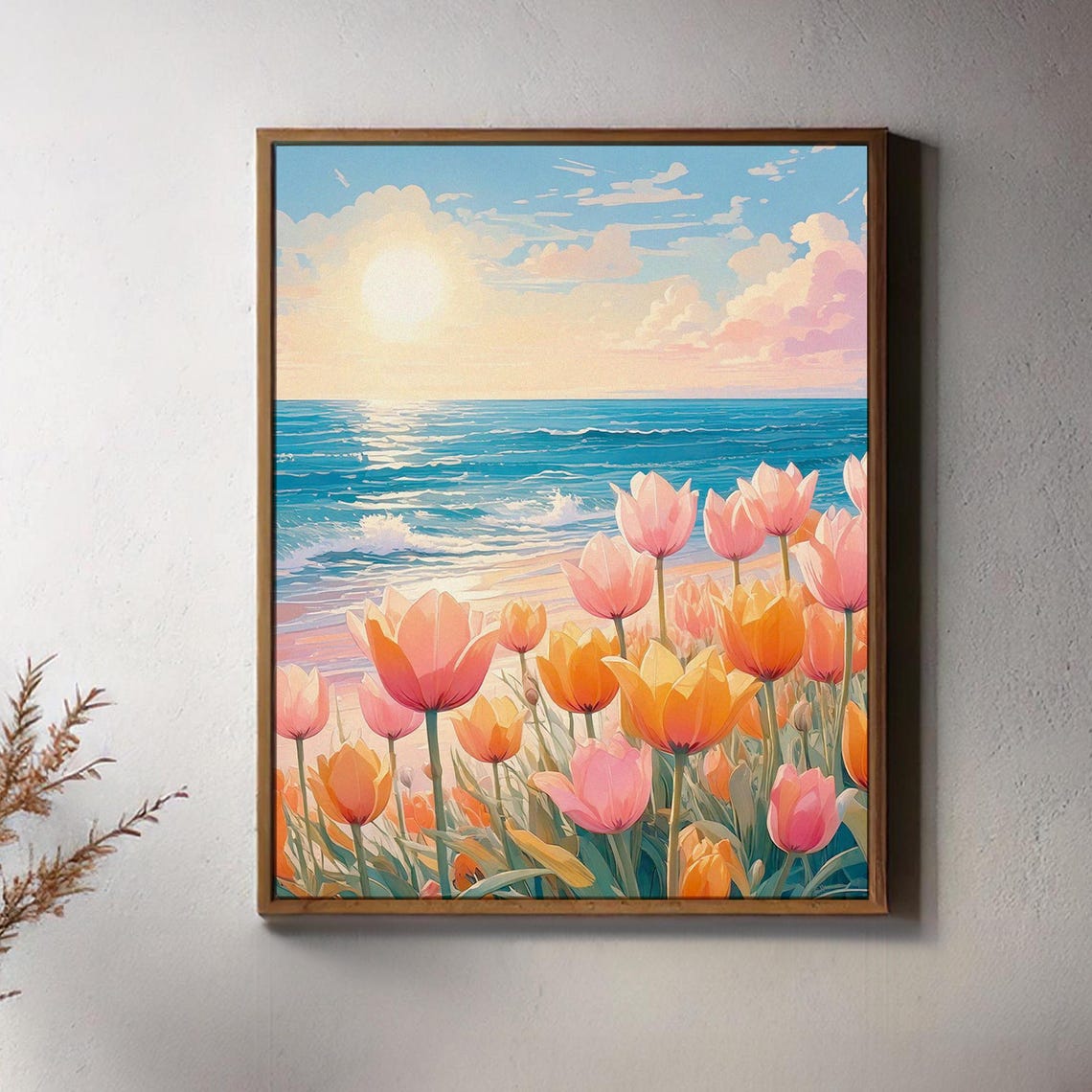 Tulip Field Blooming by the Beach at Sunrise Coastal Art Poster - Image 2