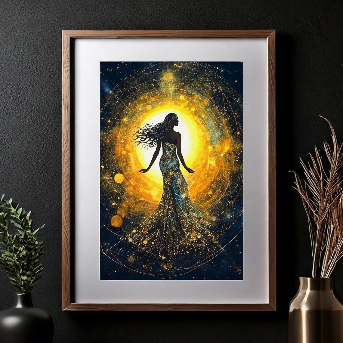 Celestial Goddess Silhouette in Radiant Gold Cosmic Wall Art - Image 2