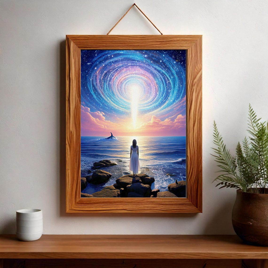 Woman Gazing at a Cosmic Spiral Vortex Over the Ocean Poster - Image 3