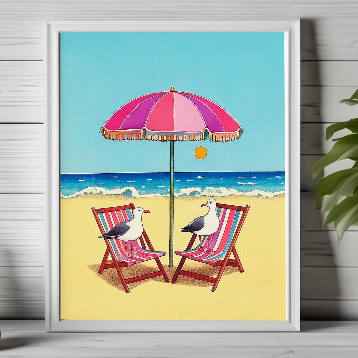 Seagulls Relaxing on Beach Deck Chairs under Pink Umbrella Poster