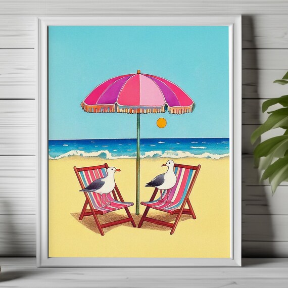 Seagulls Relaxing on Beach Deck Chairs under Pink Umbrella Poster