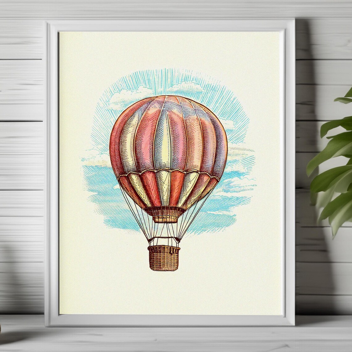 Vintage Hot Air Balloon Engraving Style Retro Sky Travel Art Poster