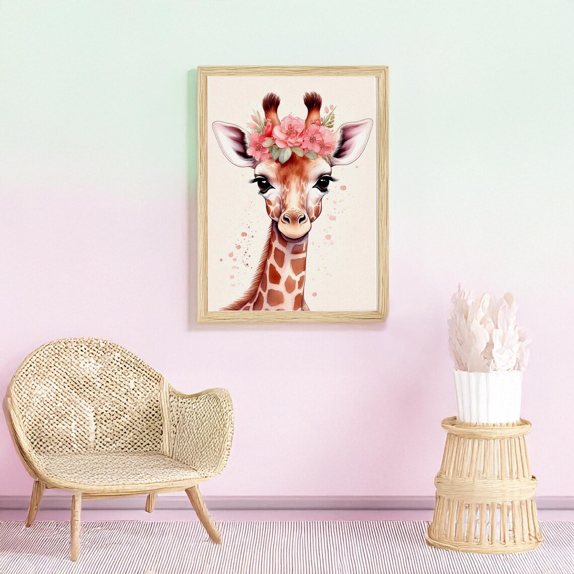 Baby Giraffe With Pink Flower Crown Watercolor Nursery Poster - Image 3