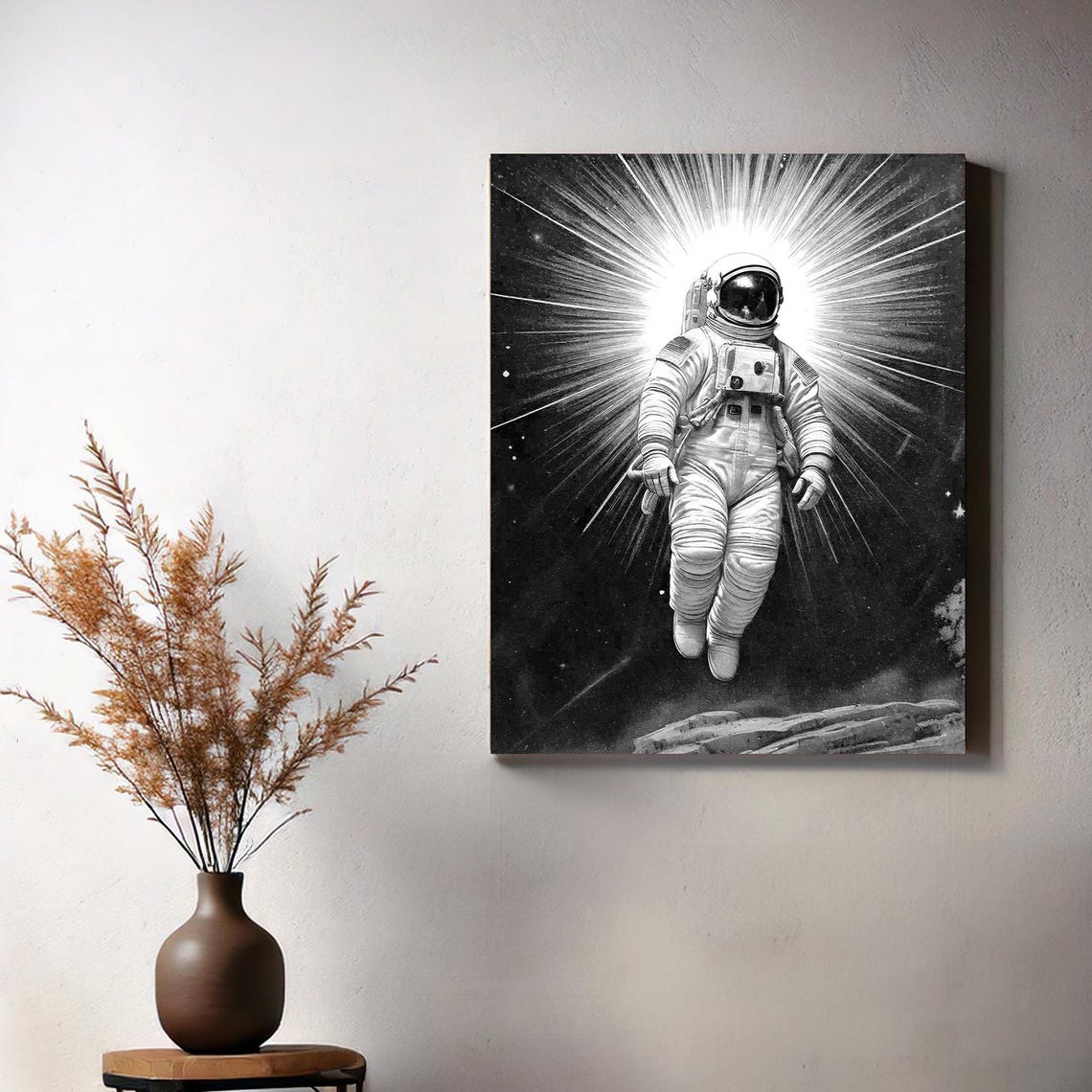 Black and White Astronaut in Radiant Burst Sketch Art Poster - Image 2
