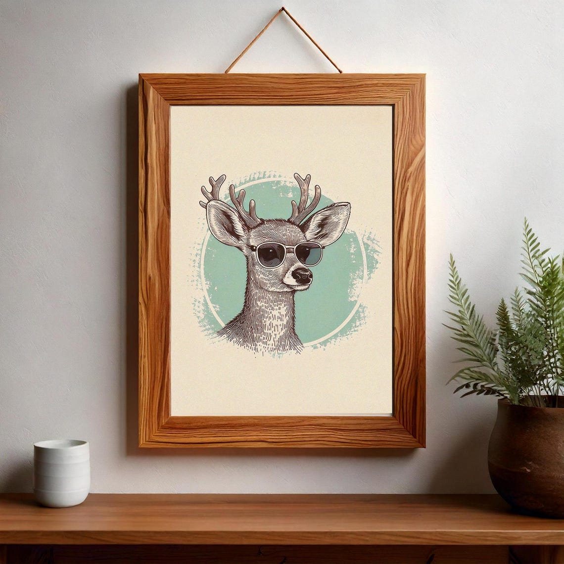 Hipster Deer in Sunglasses Retro Sketch Mint Circle Art Poster - Image 3