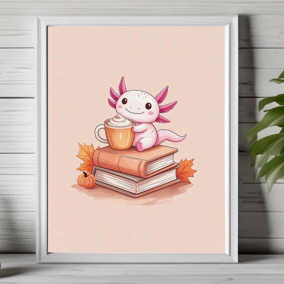 Axolotl Art Kawaii Print Pumpkin Spice Latte Book Lover Decor Whimsical Animal Wall Fall Cozy Autumn 277