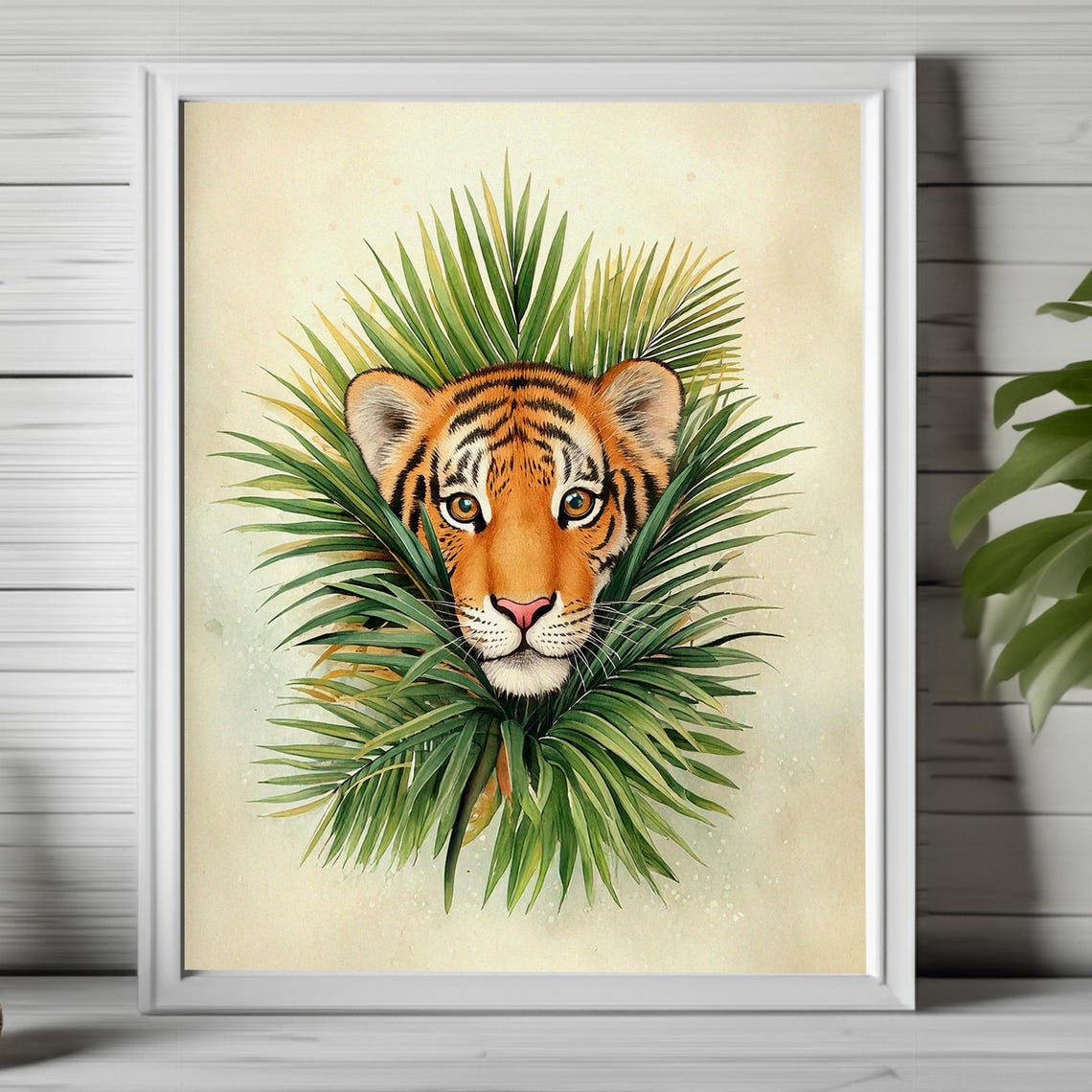 Majestic Tiger Face Framed by Tropical Palm Leaves Jungle Poster