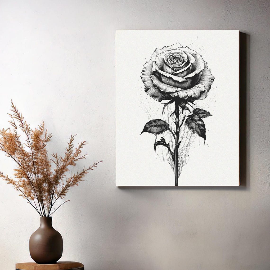 Single Black and White Blooming Rose Botanical Ink Sketch Wall Art - Image 3