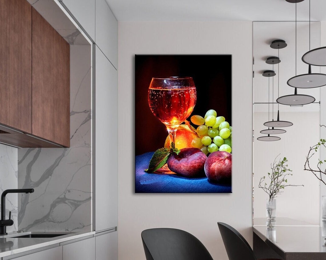 Red Wine Glass Grapes Fruit Elegant Dark Background Photo Poster