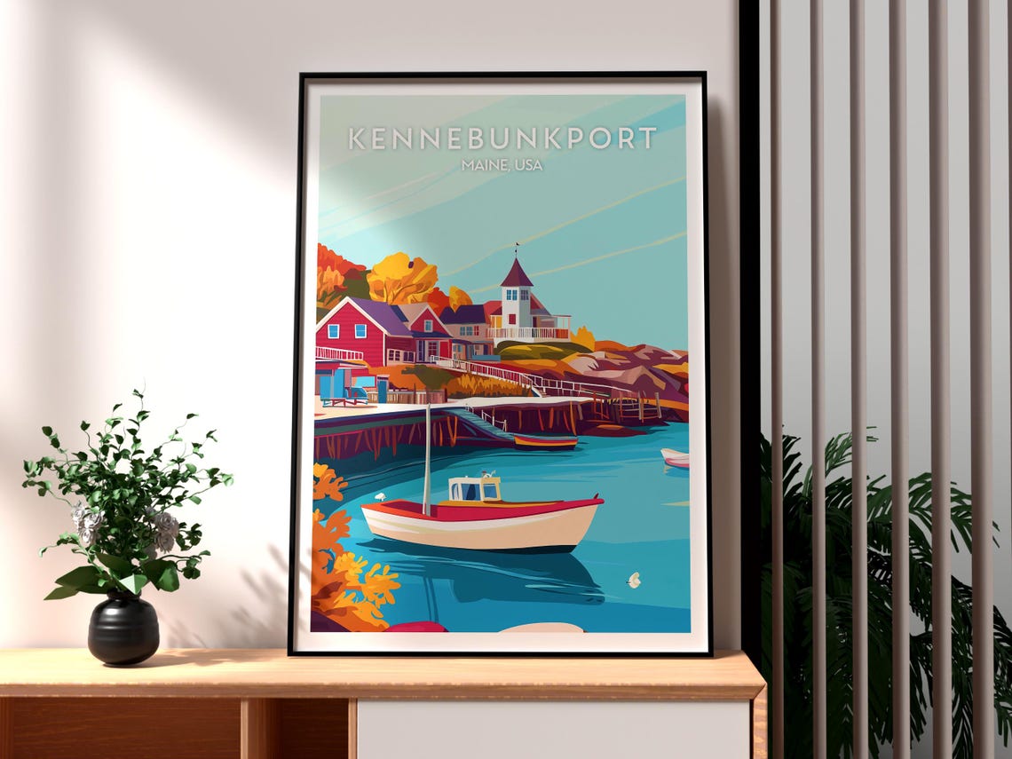 Kennebunkport Maine USA Harbor Boat Autumn Illustration Poster