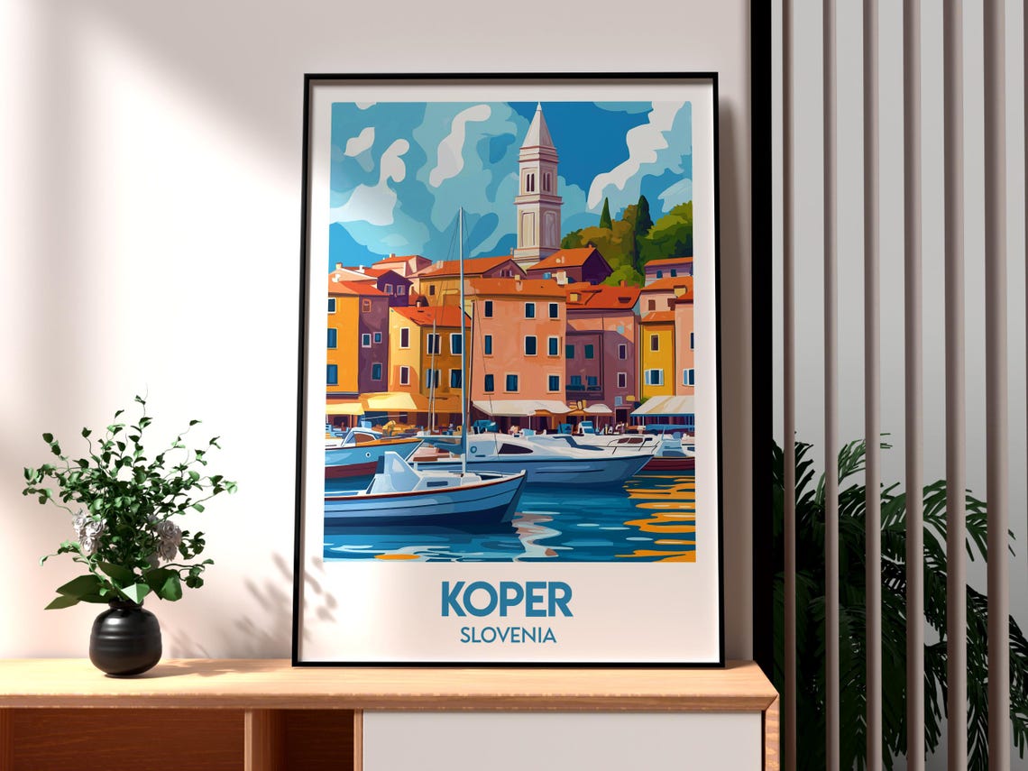 Koper Slovenia Sailboat Waterfront Church Tower Travel Poster