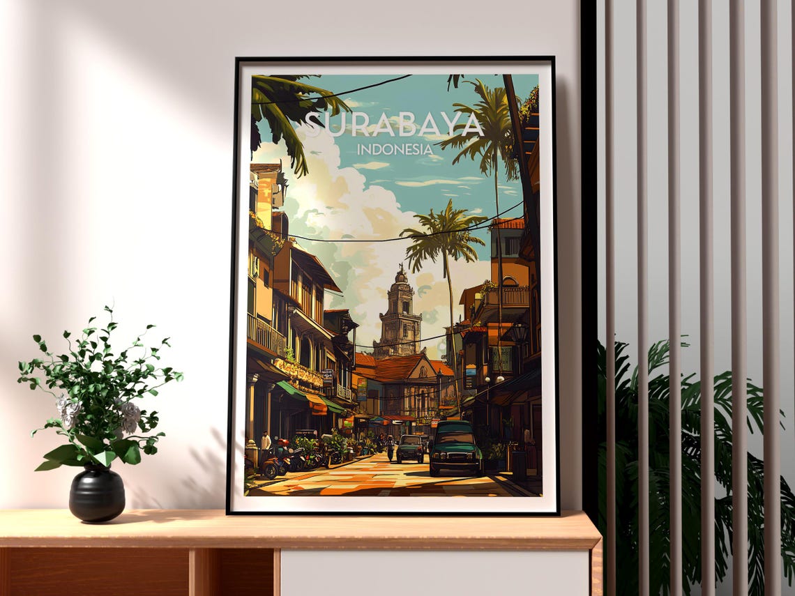 Surabaya Indonesia Old Town Street Palms Colonial Travel Poster