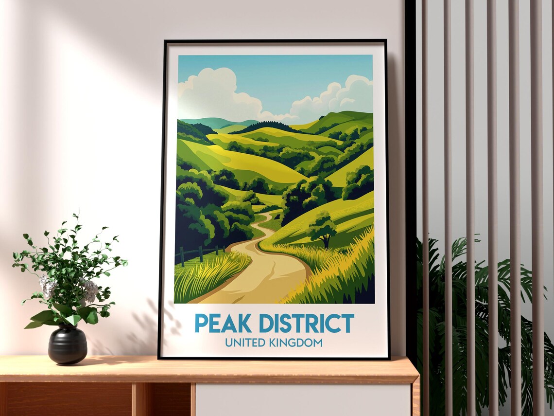 Peak District United Kingdom Rolling Green Hills Winding Path Travel Poster