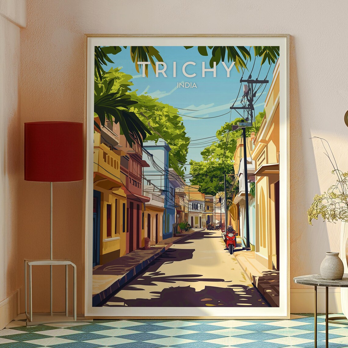 Trichy India Sunlit Colonial Street Green Trees Travel Poster - Image 2