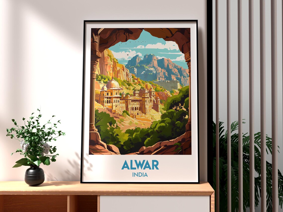 Alwar India Hilltop Fort View Through Stone Archway Travel Poster