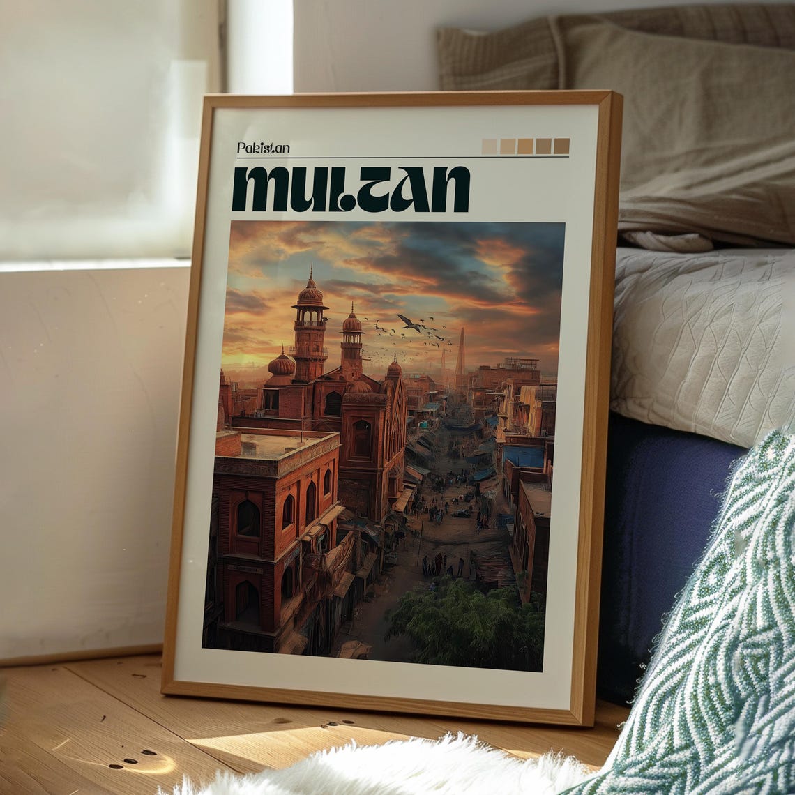 Multan Pakistan Sunset Street Mosque Minaret Kites Travel Poster - Image 3