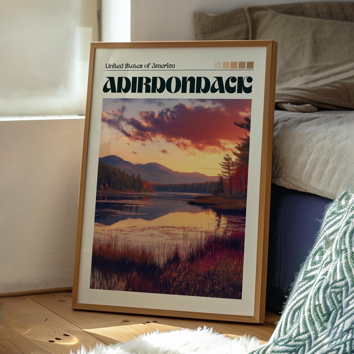 Adirondack New York Fall Foliage Lake Sunset Retro Travel Art Poster - Image 3