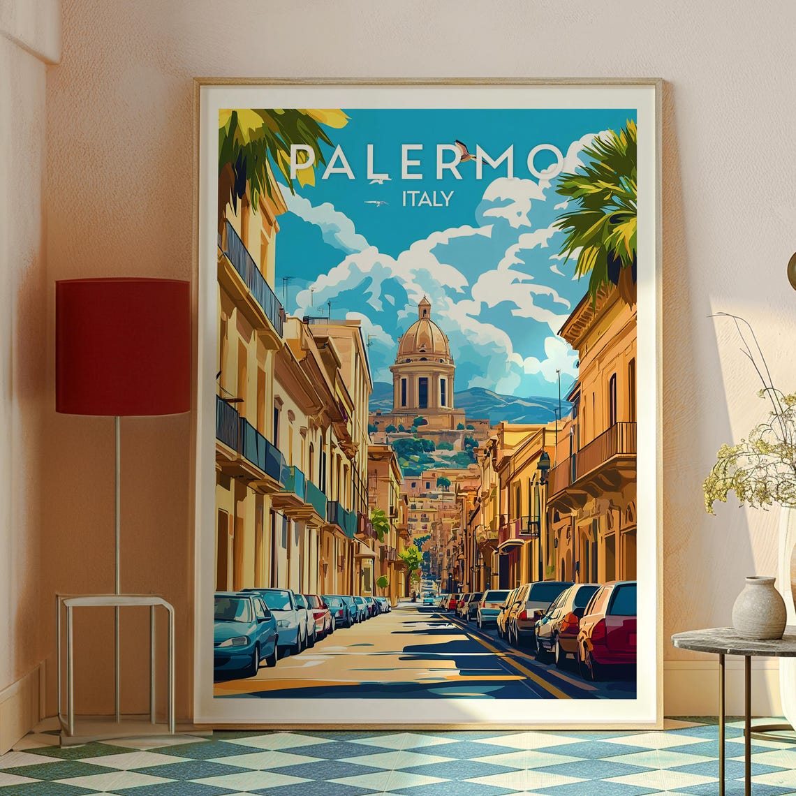 Palermo Italy Sunny Street Cathedral Dome Retro Travel Poster - Image 2