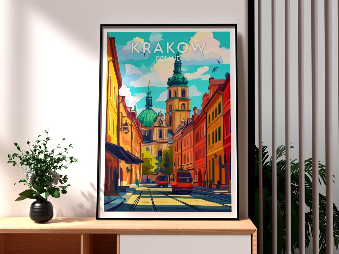 Krakow Poland Historic Old Town Church Red Tram Travel Poster