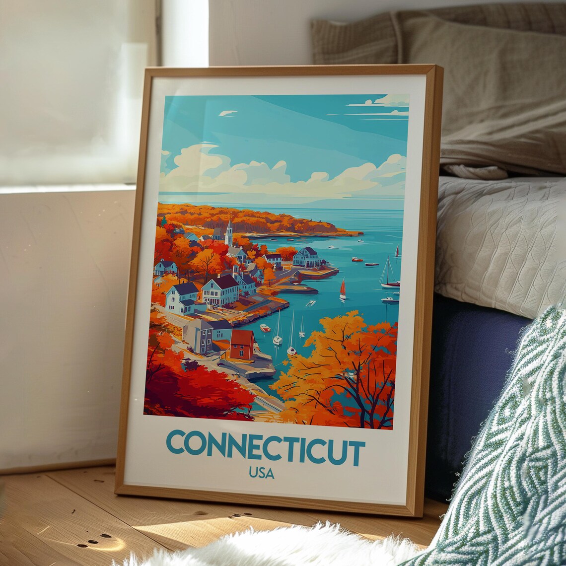 Connecticut USA Coastal Harbor Town In Autumn Colors Travel Poster - Image 3
