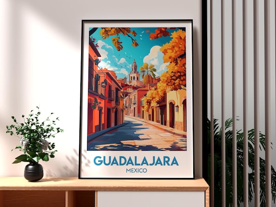 Guadalajara Mexico Colonial Street Church Tower Warm Sunset Art Poster