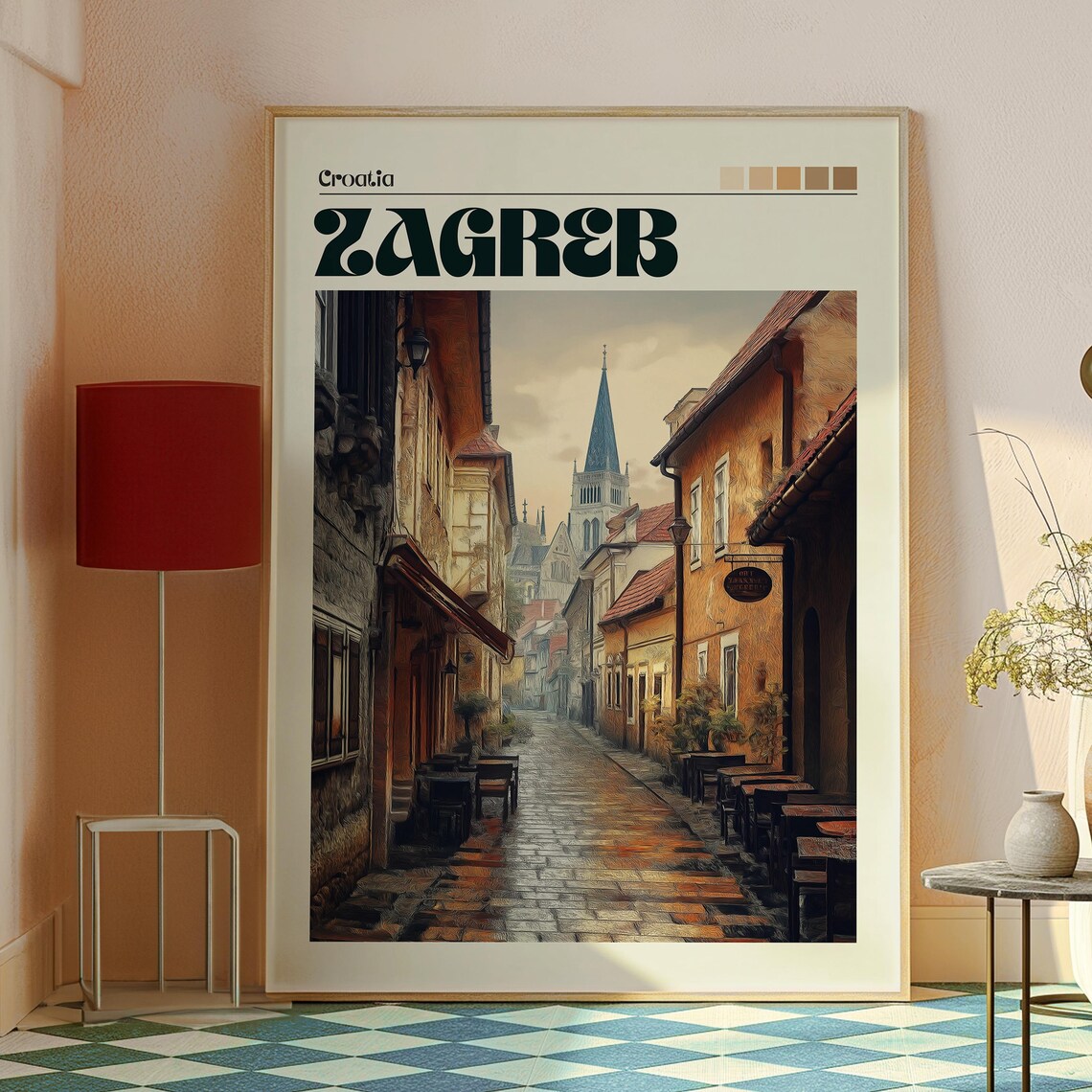 Zagreb Croatia Cobblestone Old Town Alley Vintage Style Travel Poster - Image 2