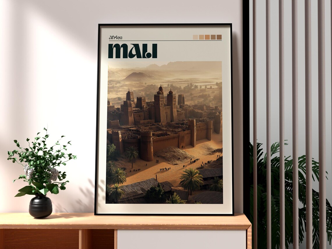Mali Africa Mud Brick Fortress Town Desert Palms Golden Travel Poster