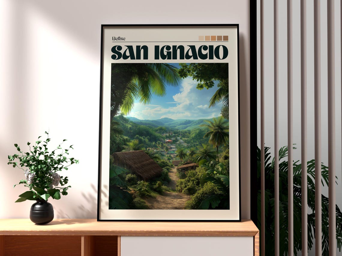 San Ignacio Belize Jungle Valley Thatched Roofs Vintage Travel Poster