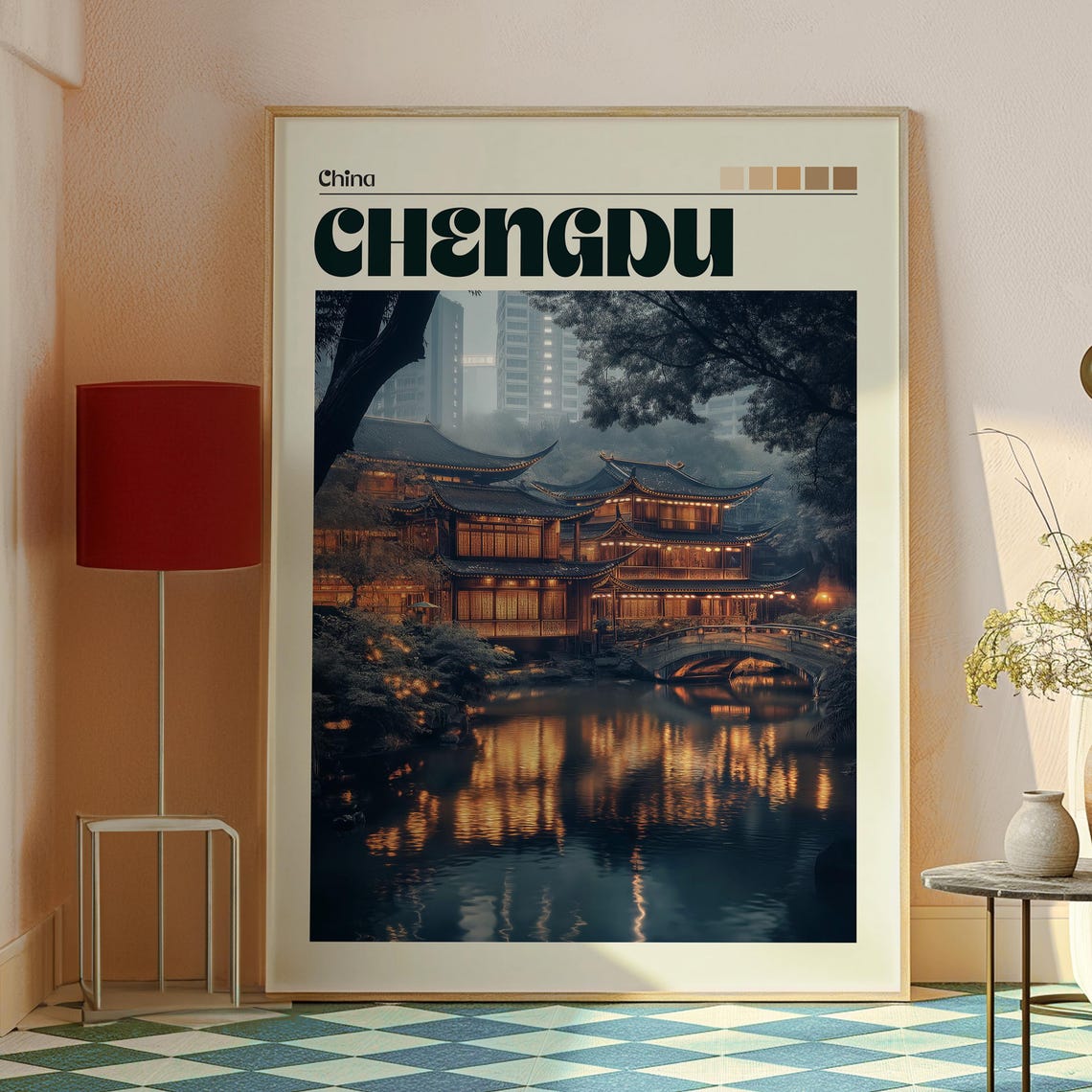 Chengdu China Lantern Lit Teahouse Lakeside Dusk Travel Poster - Image 2