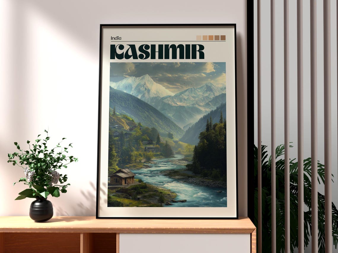 Kashmir India Vintage Travel Poster Mountain River Valley Decor