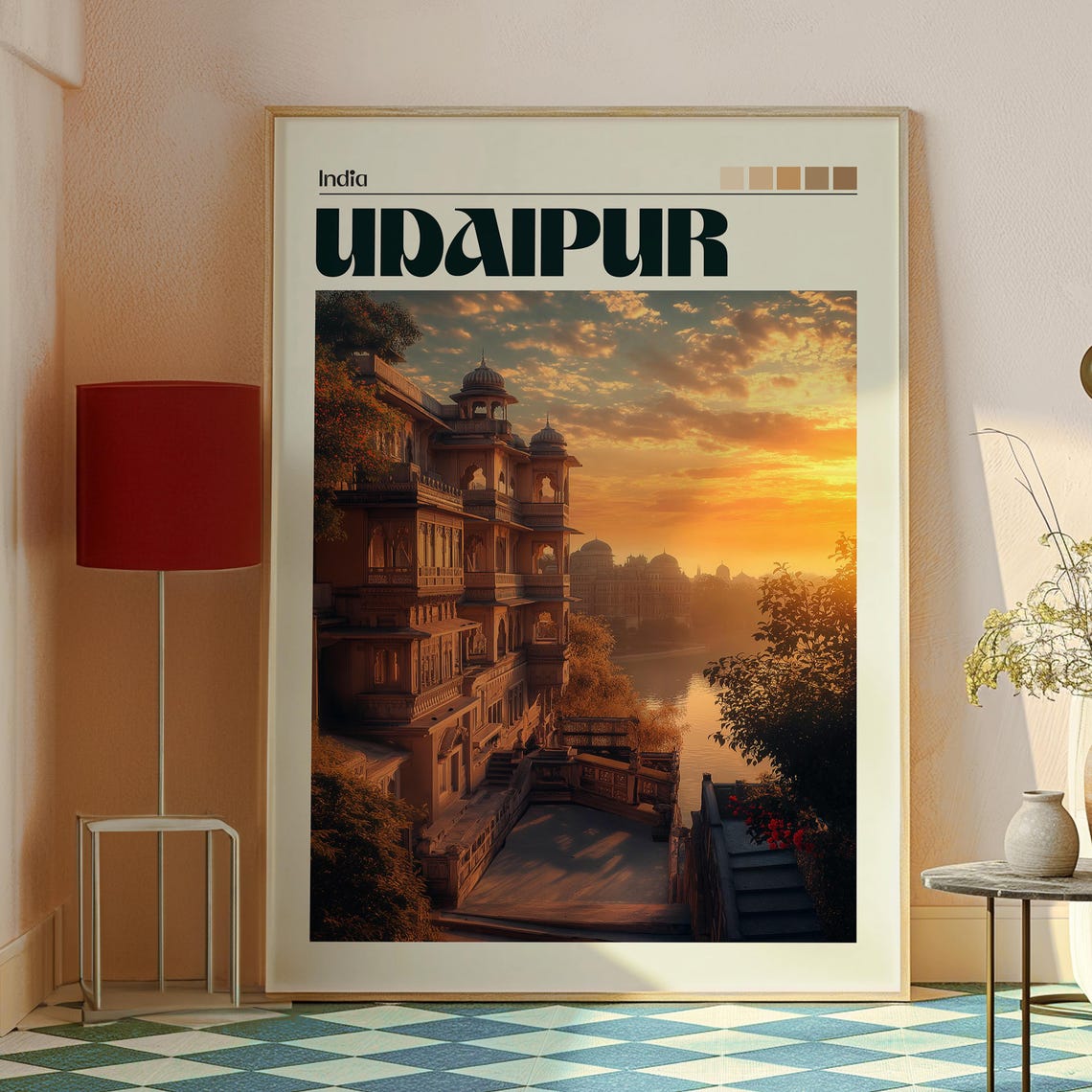 Udaipur India Lakeside Palace Golden Sunset Reflection Travel Poster - Image 2