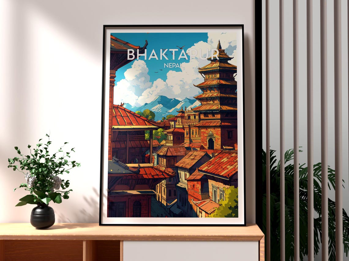 Bhaktapur Nepal Ancient Pagoda Temple Himalaya View Travel Poster