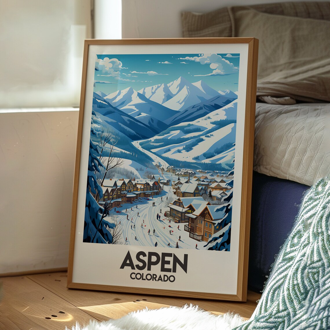 Aspen Colorado Ski Village Under Snowy Mountain Peaks Travel Poster - Image 3