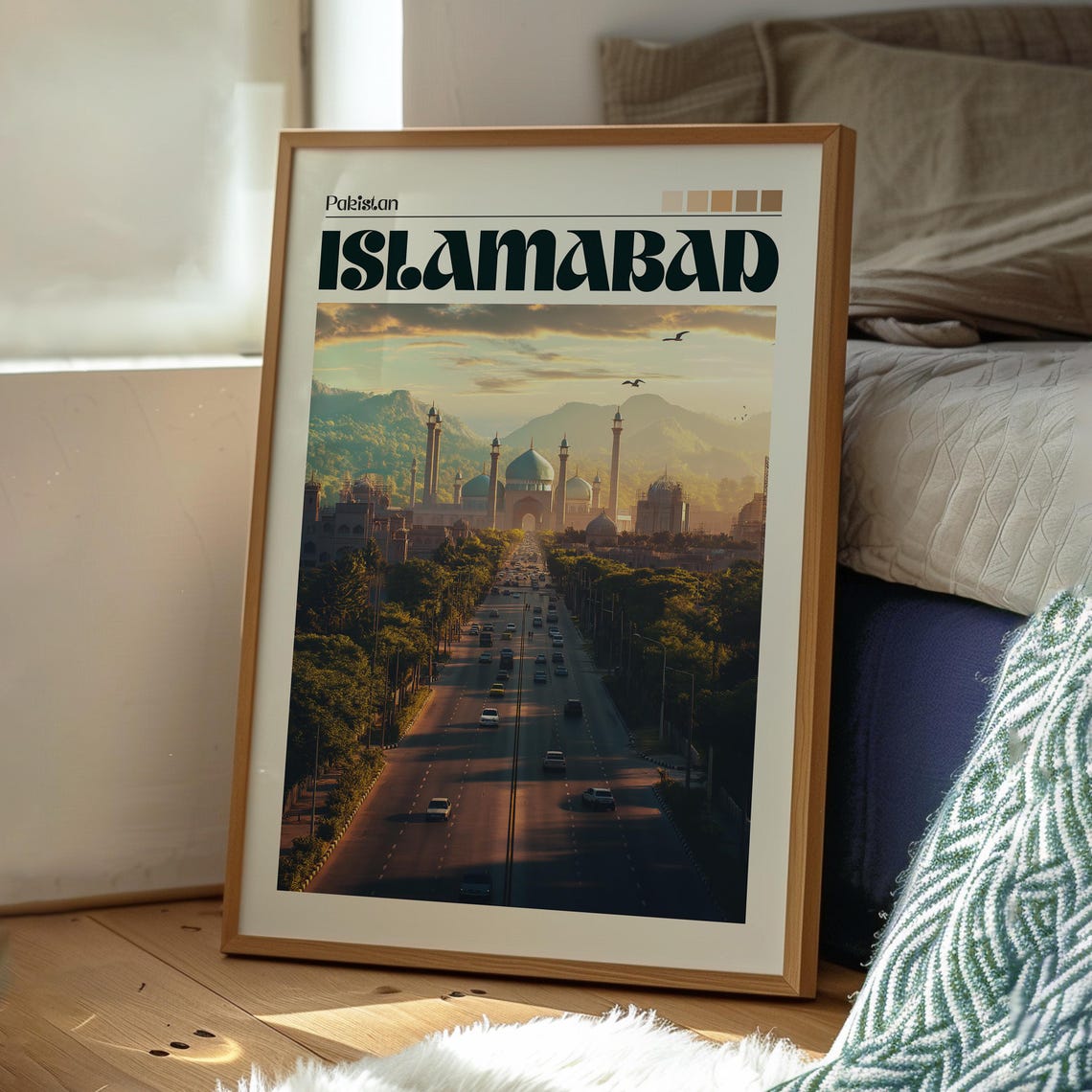 Islamabad Pakistan Mosque Boulevard Sunset Skyline Travel Poster - Image 3