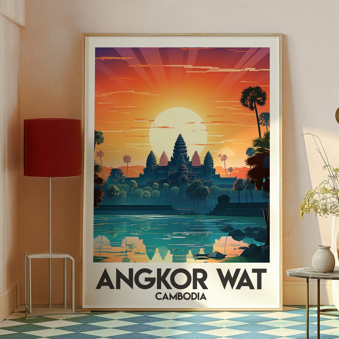 Angkor Wat Cambodia Ancient Temple Sunset Over Water Travel Poster - Image 2