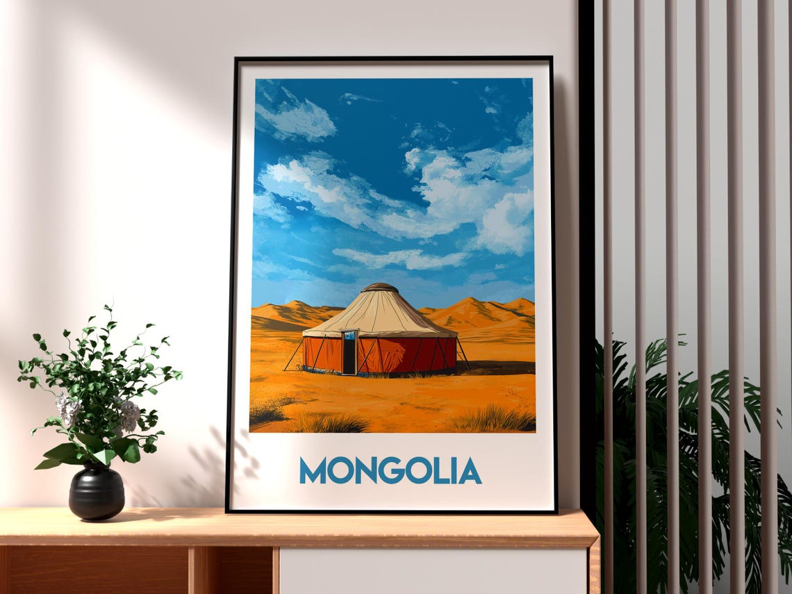Mongolia Ger Yurt Golden Steppe Nomadic Tent Landscape Travel Poster
