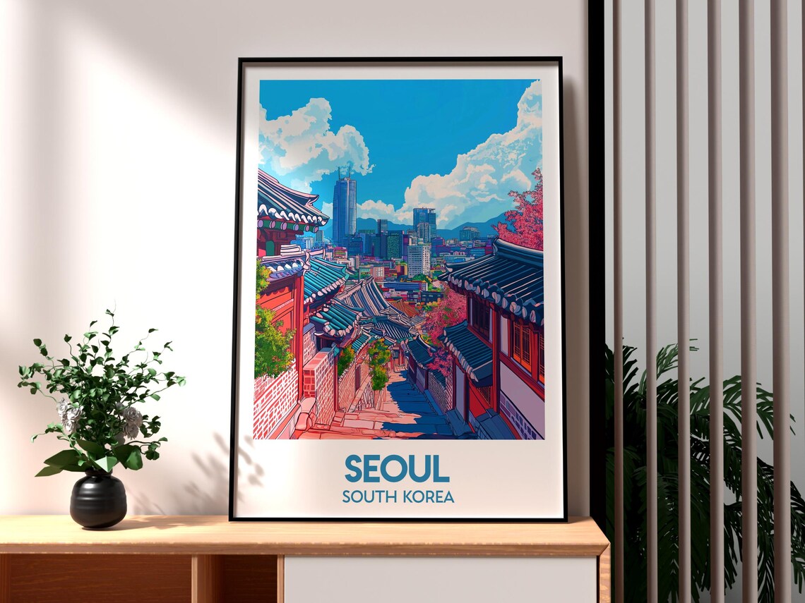 Seoul South Korea Traditional Hanok Street Skyline Travel Poster