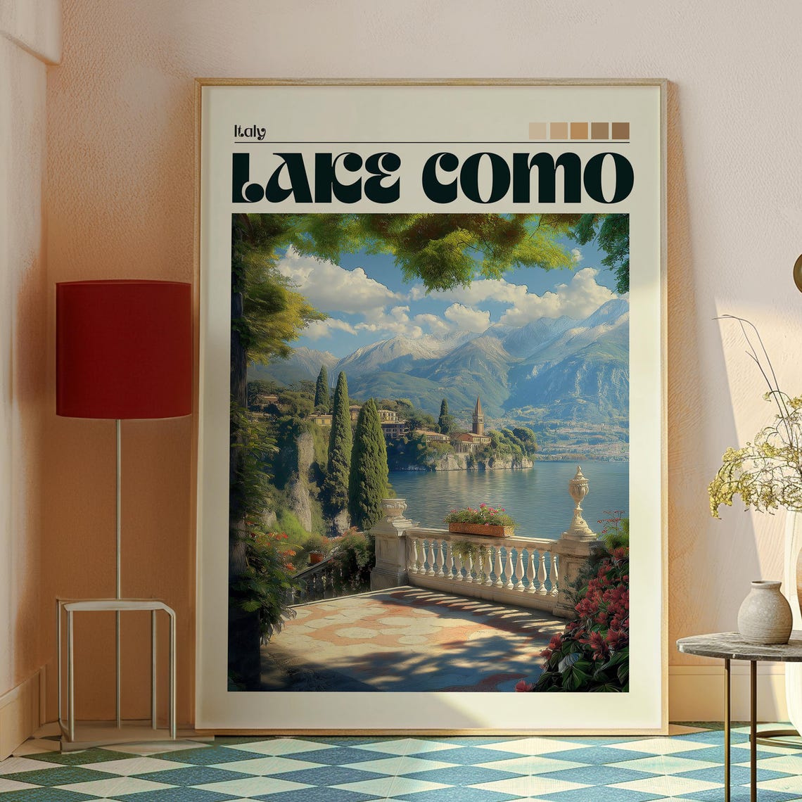 Lake Como Italy Stone Terrace Garden Mountain Lake View Poster - Image 2