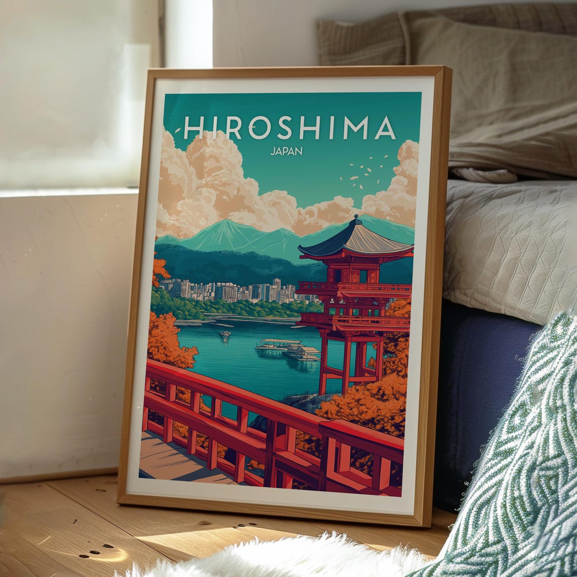 Hiroshima Japan Red Pagoda Lake View Cherry Trees Travel Art Poster - Image 3