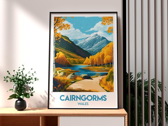 Cairngorms Autumn Mountain Lake Golden Trail Vintage Travel Poster