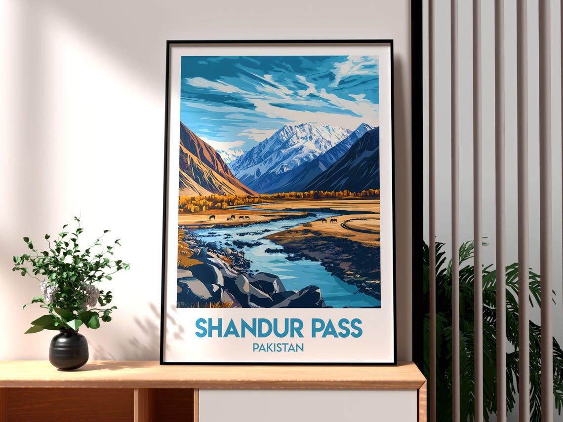 Shandur Pass Pakistan Mountain River Horses Valley Travel Poster