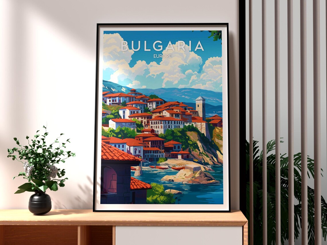 Bulgaria Europe Coastal Old Town Red Roofs Harbor Travel Poster