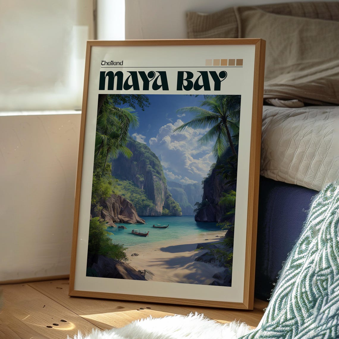 Maya Bay Thailand Tropical Beach Limestone Cliffs Boats Poster - Image 3